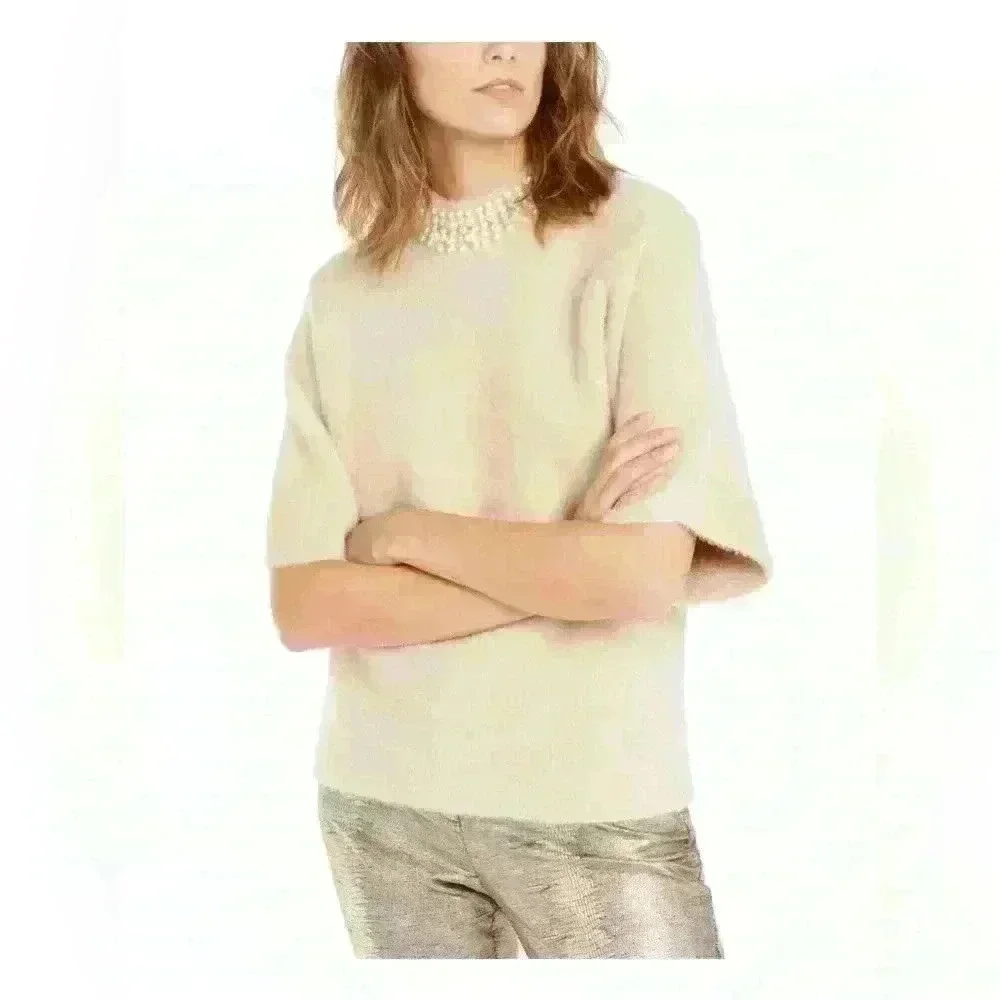 Alfani Womens Faux Fur Embellished Mock Turtleneck Sweater Tan M/cocoa butter - Picture 2 of 8